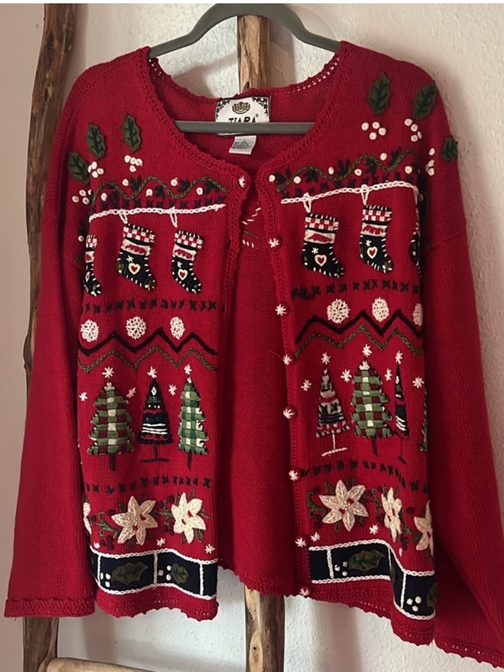 Embroidered Christmas Cardigan Red Green White with Holiday Patterns L XL